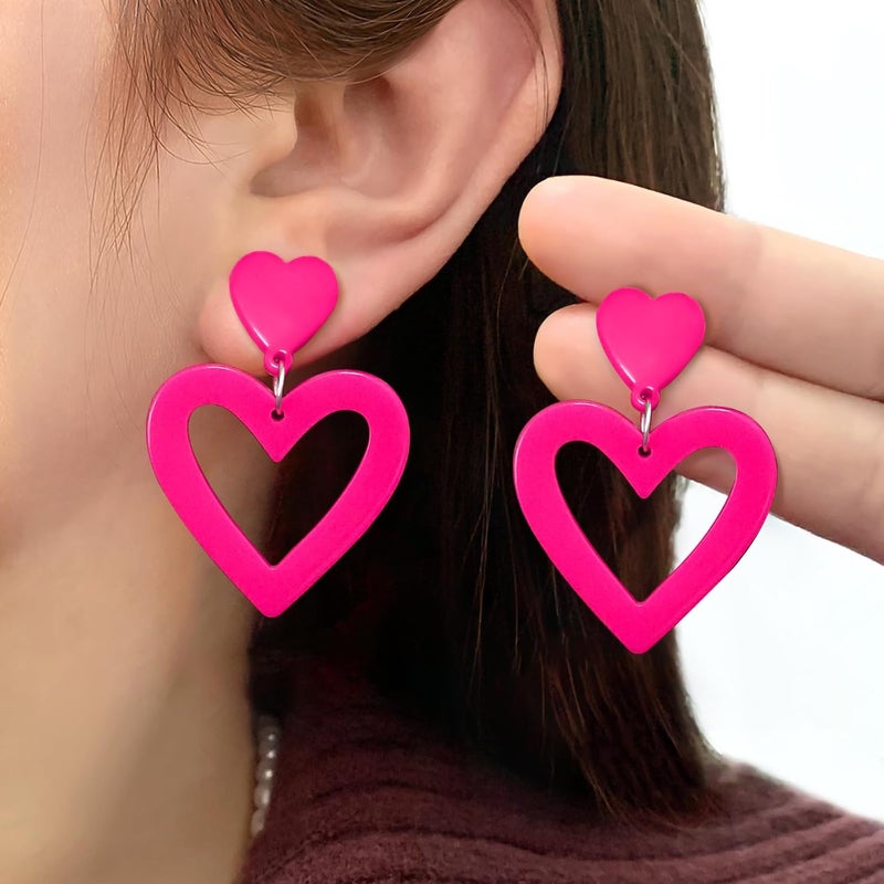 HOLYRY Neon Heart Earrings for Women Acrylic Neon Earrings 80s 90s Outfit for Women Glow Party Accessories Gifts Hot Pink Orange Green Yellow - Image 2
